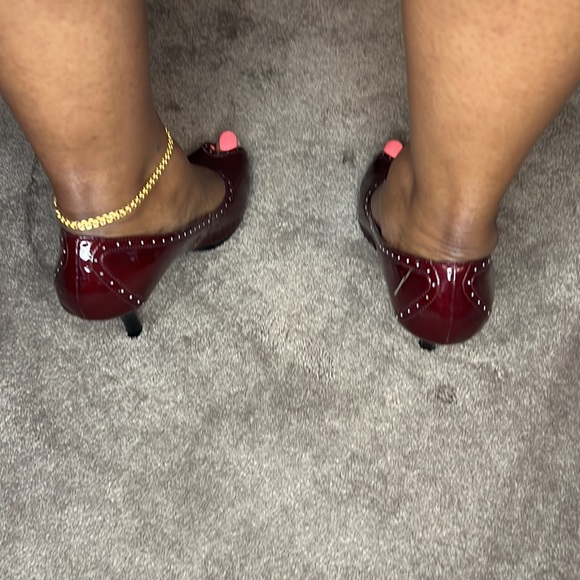 Burgundy Open Toe Patent Leather Spectator Style Pumps - Picture 3 of 6
